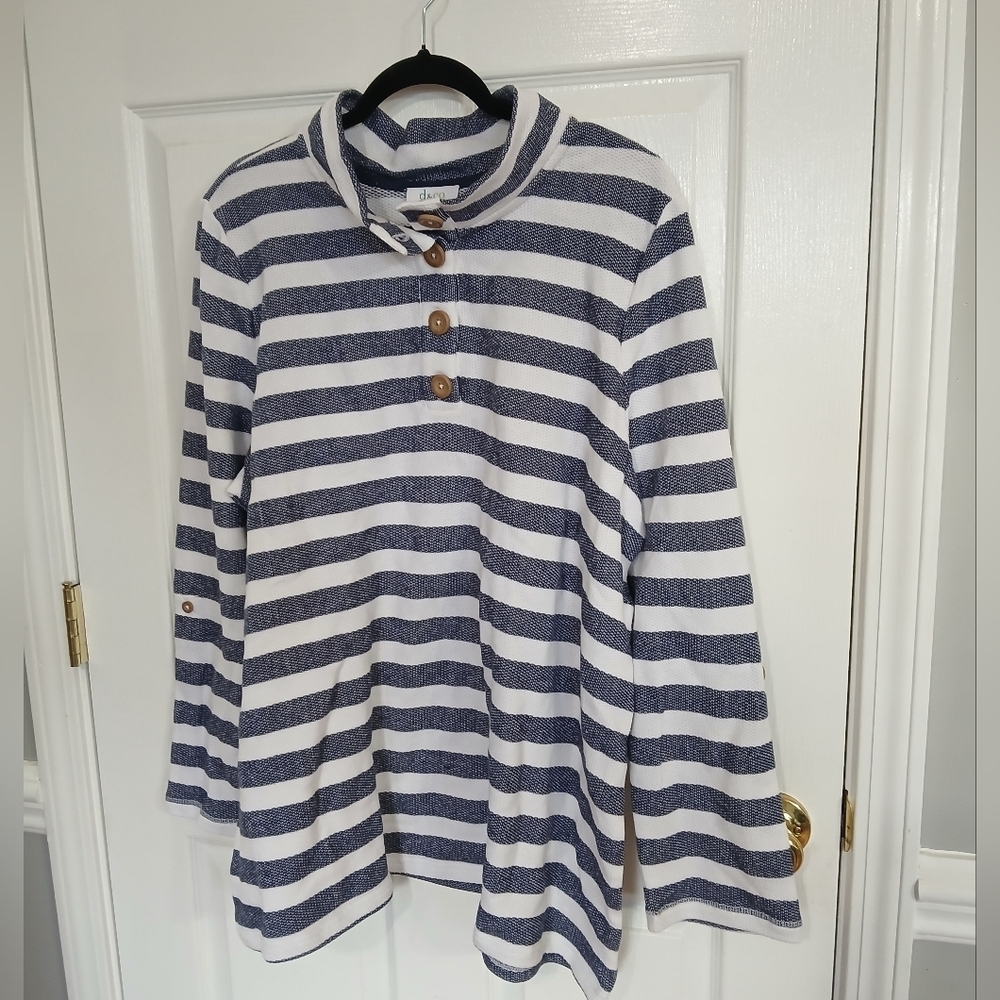 Striped Navy and White Quarter Button-Up Pullover Top Casual Coastal Preppy